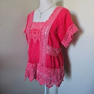Johnny Was Pink Crochet Lace Boho Blouse